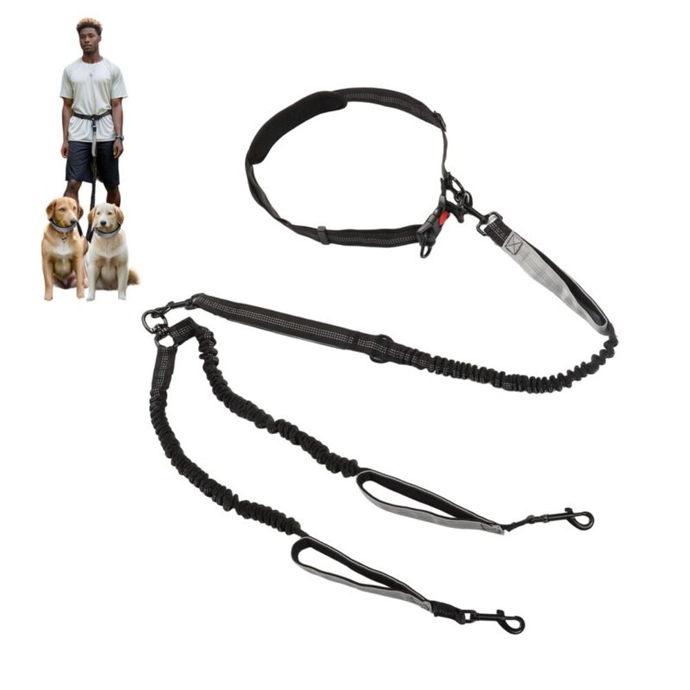 No Pull Bungee Dog Running Leash for Two Large Dog Up to 330 Ib Black Gray